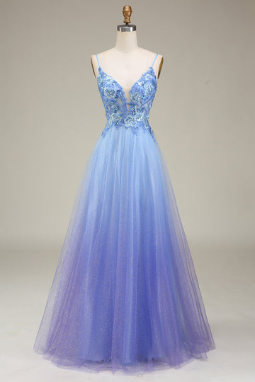 Sparkly Blue Tulle Long Formal Dress with Appliques